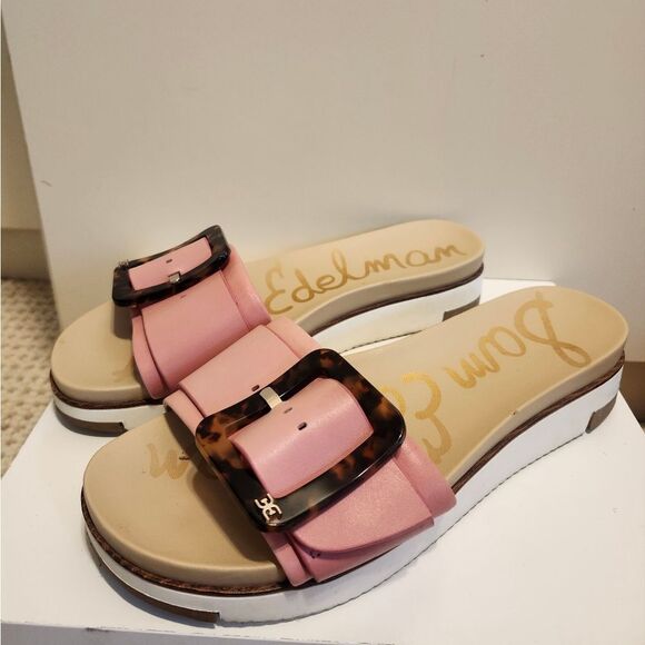 Sam Edelman "Ariane" Pink Leather Slide Sandals w/Large Buckle Sz.9 Ret.$100 EUC - Picture 1 of 11